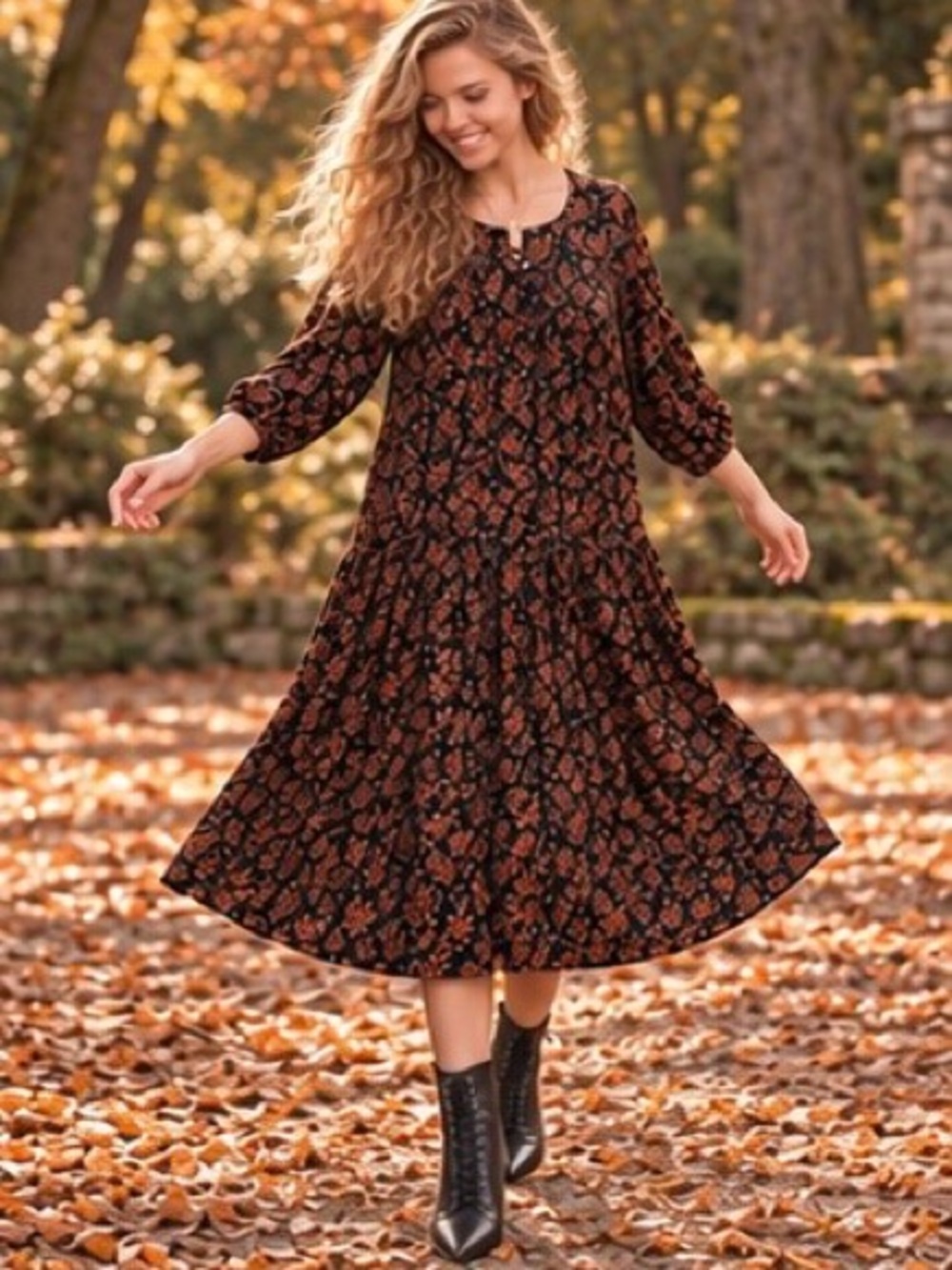 NWT Caslon Botanical Print Boho Midi Dress Summer to Fall Transition Size M